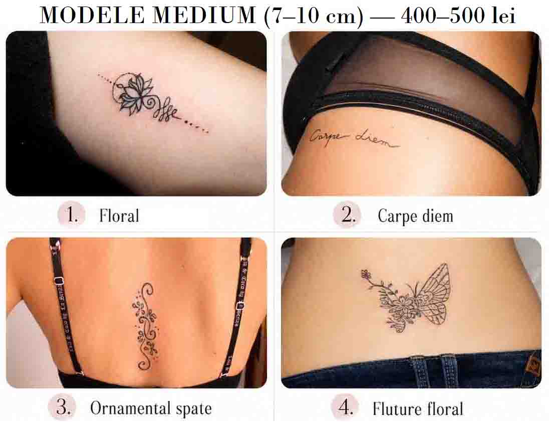 exemple de tatuaje fete medium 7-10 cm, modele mici mai elaborate realizate doar cu negru la Blooms Beauty București