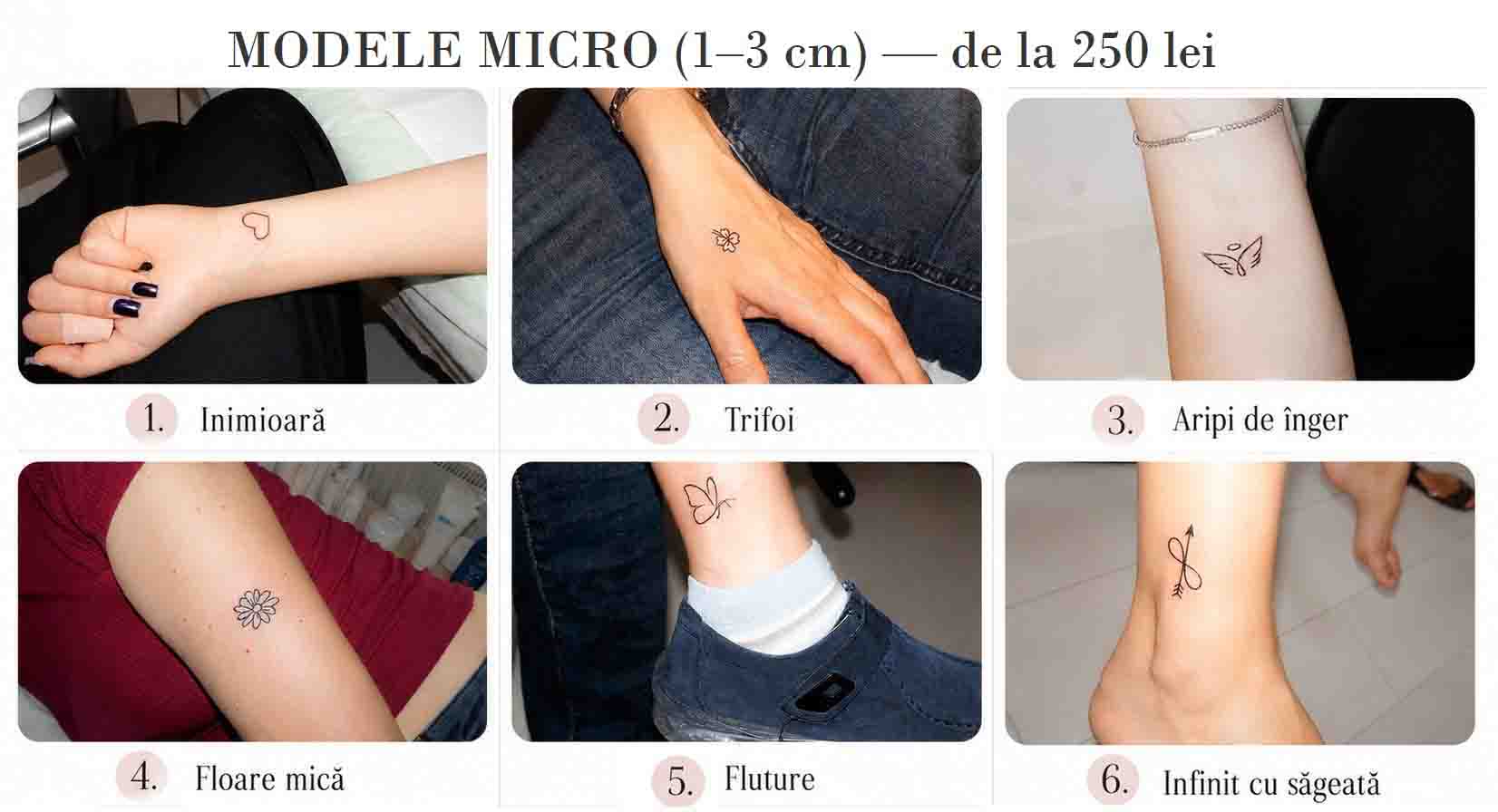 exemple de tatuaje micro 1-3 cm, mici și discrete, realizate doar cu negru la Blooms Beauty BucureștI