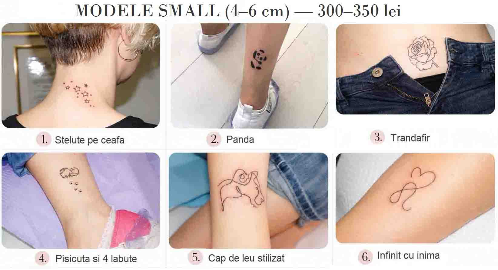 exemple de tatuaje fete small 4-6 cm, modele mici și fine realizate doar cu negru la Blooms Beauty București